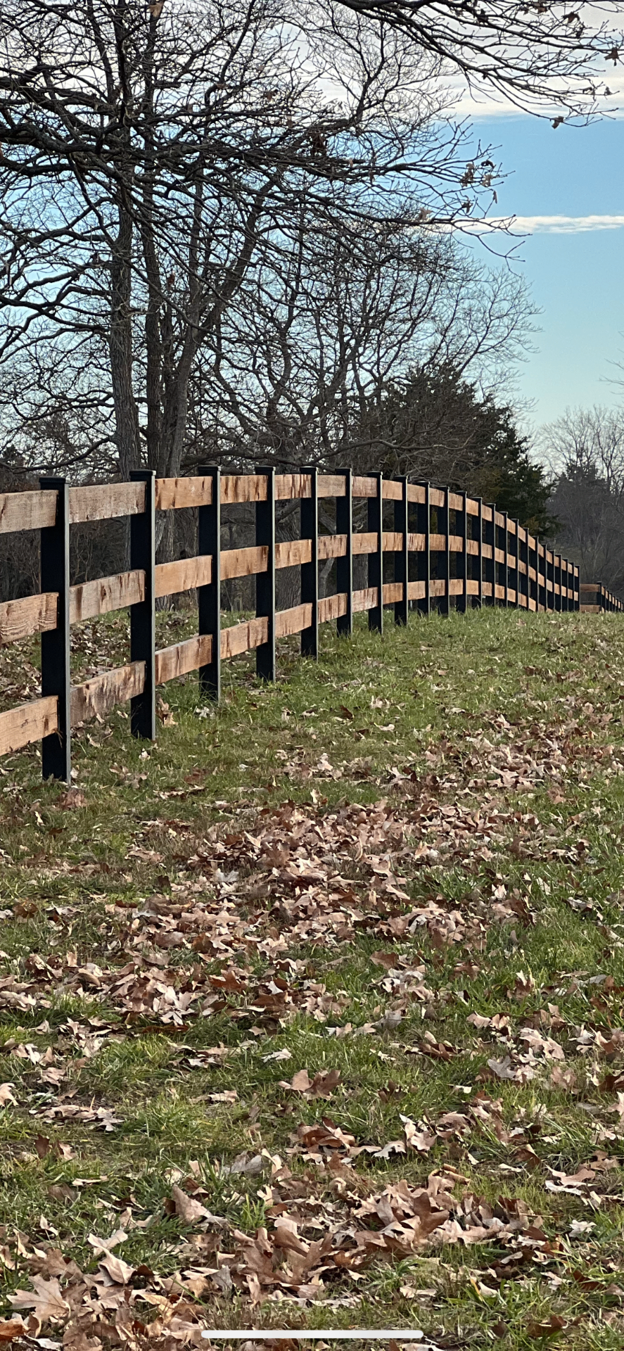 Custom 3-rail wood and steel fence on a Rogersville, MO hilltop pasture